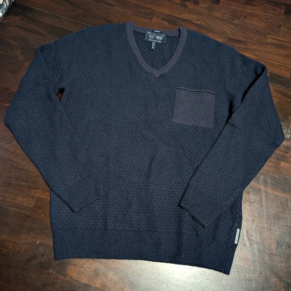Armani Jeans Navy V-Neck Sweater, Cashmere/Wool Blend, Men's Large